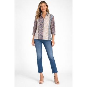 Náutica jeans Patchwork Floral Print Collared 3/4 Sleeve Button Up Shirt Size M